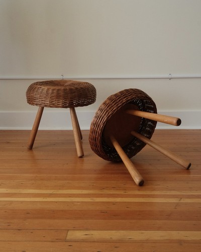 Tripod wood and wicker stools - and,